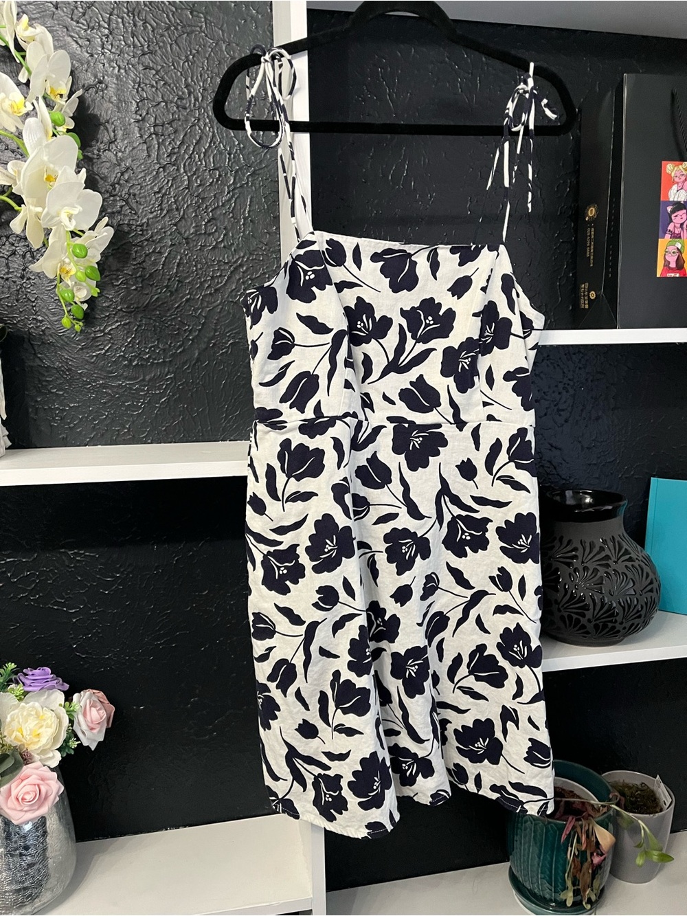 Black & White Floral Tie-Strap Mini Dress